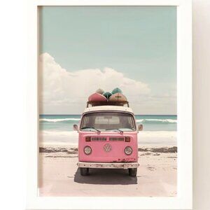 Retro Beach Pink VW Camper Van Decor Surf Poster Print - Unframed 12x18